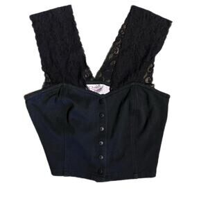 Vintage 80s Dirty Dancing black crop top with button front and lace strap (m)